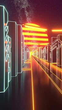 Vertical 3D animation through cybercity surrounded by buildings with retro sunset