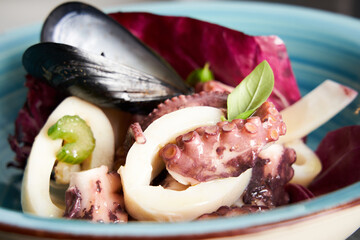 Seafood Salad Octopus, squid, shrimp, mussels, celery, carrots, oil and lemon. Italian food concept.