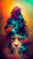 A fantasy lion rastaman with dreadlocks and with colorful colors, shrouded in clouds of colored smoke. Artistic abstract beautiful animal. Perfect for phone wallpaper or for posters.