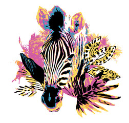 zebra face print. colorful jungle flower leaf pattern. and background