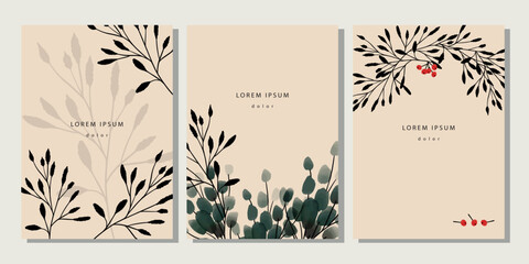 Set of autumn template. Cover, poster, placard, banner with watercolor leaves, branches silhouette, berries on beige background