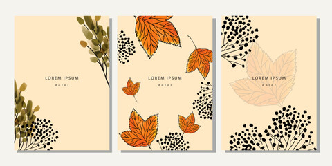 Set of autumn template. Cover, poster, placard, banner with watercolor leaves, branches, black berries, maple on beige background © Morena