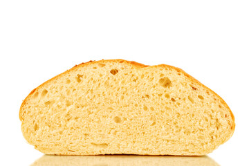 One half of a fragrant fresh long loaf, close-up, isolated on a white background.