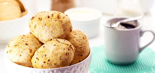 typical food from Minas Gerais, Brazilian cheese bread, served hot with coffee, typical Brazilian snack