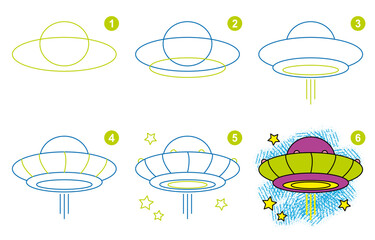Instructions for drawing UFO. Step by step.