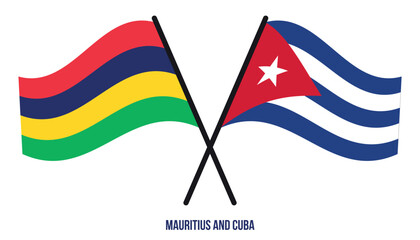 Mauritius and Cuba Flags Crossed And Waving Flat Style. Official Proportion. Correct Colors.