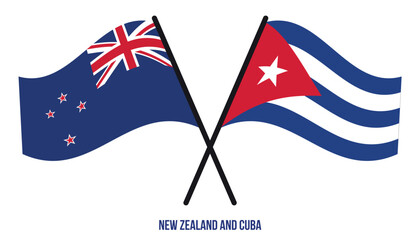 Fototapeta premium New Zealand and Cuba Flags Crossed And Waving Flat Style. Official Proportion. Correct Colors.