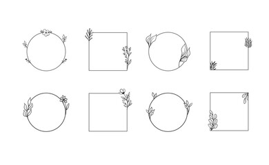 Frames with botanical doodle decoration. Leaf branches simple and elegant circles and squares. Romantic floral design. Vector illustration.