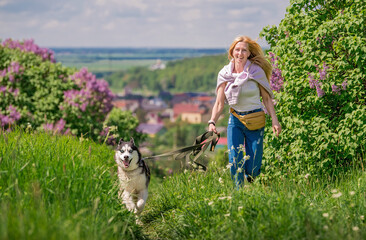 Naklejka na ściany i meble Siberian husky and his owner run merrily along the road together against the backdrop of a panoramic view, rural landscape in summer.