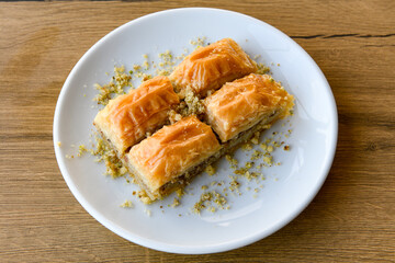 Pistachio baklava. Traditional Middle Eastern Flavors. Traditional Turkish baklava. Local name fistikli baklava