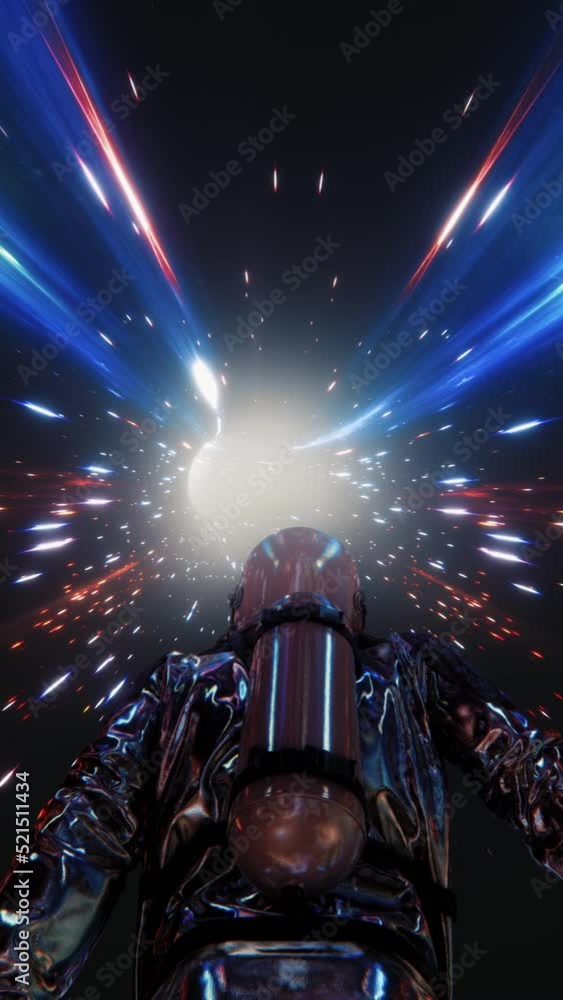 Poster vj loop of an astronaut in a spacesuit confidently flying through space and time.