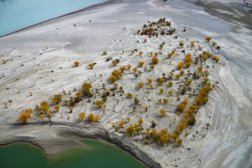 A close-up shot of the Indus River delta around the outskirts of  Skardu city of Northern Pakistan during the autumn season. 