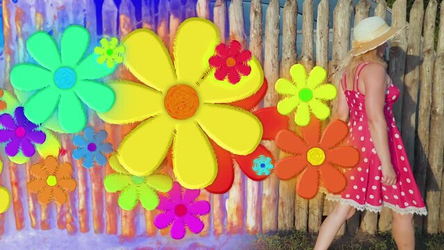 Large Multi-Colored Flowers On A Wooden Fence. Inspired Sensual Woman Draws. Manifestation Of Femininity Independence. Graffiti Personality Enjoying Simplicity. Equality Liberty Liberty. Creation