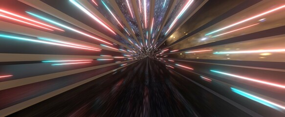 Neon hyper tunnel with road background. Futuristic hyperjump with 3d render of purple warp jump beams. Fast travel through galaxy wormhole along star corridor