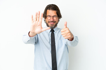 Senior dutch business man isolated on white background counting six with fingers