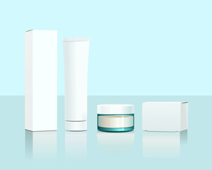 Finished stage for displaying cosmetic products, mockup for cosmetics, , cream with packaging, box. Advertising Template. Vector illustration