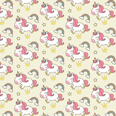 Unicorns seamless pattern.Magic vector background with unicorns,clouds,rainbows and stars.Cute kids design with unicorns