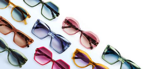 Sunglasses composition in many bright colors in transparent plastic. Top view with shadow. Trendy...