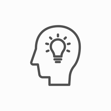 Black isolated outline icon of head of man and light bulb on white background. Symbol of idea. Flat design.