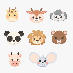 Set of cute vector animals such as lion, deer. bear, giraffe, panda, cow, mouse on white background