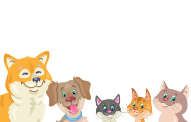 Cute dogs and cats. Template for banner or postcard in cartoon style. Isolated on white background. Place for your text. Vector flat illustration.