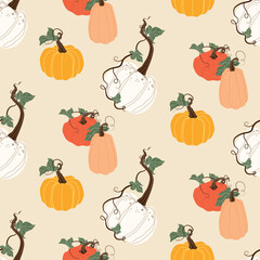 Vector seamless pattern with colorful pumpkins with leaves for autumn decorative design, halloween, harvest, thanksgiving. Concept vegetables, crops, food, farming.