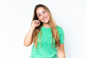 Young caucasian woman isolated on white background laughing