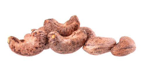 Cashew nuts in shell isolated on white background. Roasted and salted cashew nuts. Clipping path.