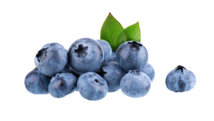 Fresh blueberry with green leaves, isolated on white background. Bilberry or whortleberry berries. Collection. Clipping path.