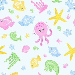 sea ​​animals seamless pattern banner on blue background