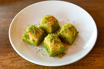 Pistachio baklava. Traditional Middle Eastern Flavors. Traditional Turkish baklava. Local name fistikli baklava