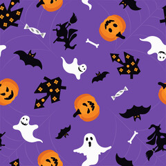 seamless pattern on a lilac background pumpkin, ghost, house, bat, witch, bone, candy