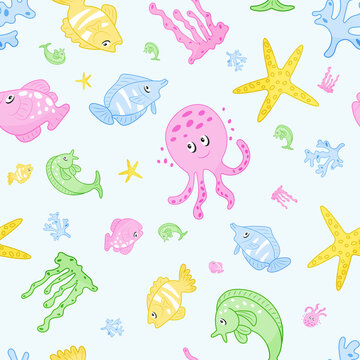 sea ​​animals seamless pattern banner on blue background © Aida