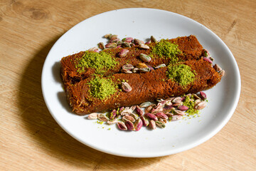 Pistachio baklava. Traditional Middle Eastern Flavors. Traditional Turkish baklava. Local name fistikli baklava