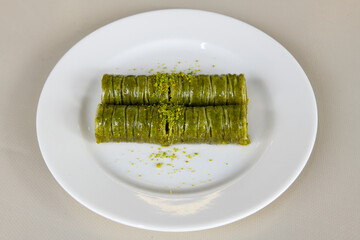 Pistachio baklava. Traditional Middle Eastern Flavors. Traditional Turkish baklava. Local name fistikli baklava