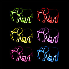 Set of colorful elephants with neon effect.