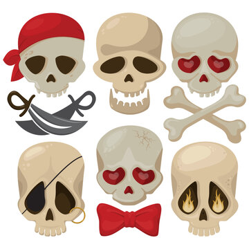 Set of different Jolly Rojers - vector illustration, six isolated pictures of Jolly Rojer on white background. Collection of pictures for pirates party, halloween