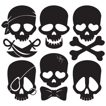 Set of different Jolly Rojer icons - vector illustration, six isolated black icons of Jolly Rojer on white background. Collection of pictures for pirates party, halloween