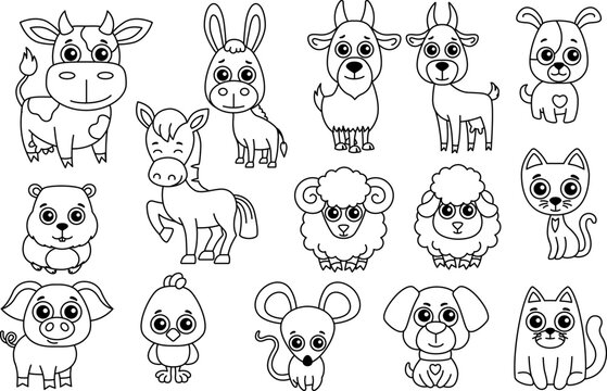 Set of cute black and white farm animals in a cartoon style for laser cut or print