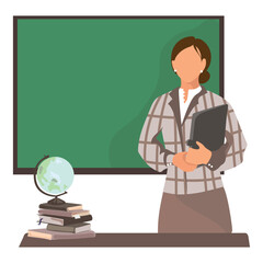 Young teacher with a green empty chalk board and a table with books and a globe vector illustration in modern style.Stylish female teacher at the lesson in the classroom.Back to school.Teacher's Day
