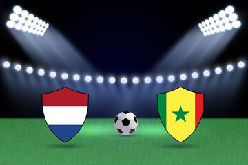 Football Early Matches schedule, Senegal vs Netherlands. Flags of countries and soccer ball - Soccer concept. 3d render, August 20, 2022: FIFA world cup Qatar 2022 3D illustration.