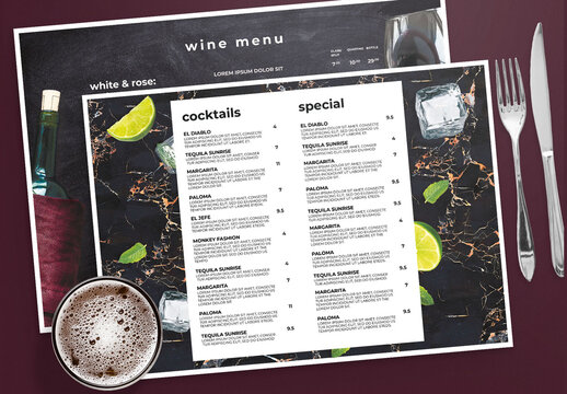 Landscape Menu Layout with Wine Bottle and Glass
