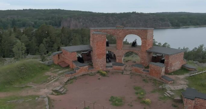 Aerial view of ruins of  Notvik Tower at fortress of Bomarsund with cannons in the summer at Sund, Ahvenanmaa, Finland.