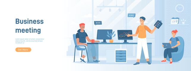 Business meeting. Colleagues discussing work, chatting communicating sitting at office desk. Flat concept great for social media promotional material. Website banner on white background.