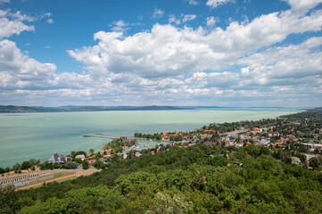 Fototapeta na wymiar View from a hill of harbour and village of Fonyód, along Lake Balaton in Hungary