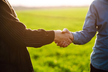 Two farmers making agreement with handshake in green wheat field. The concept of the agricultural...