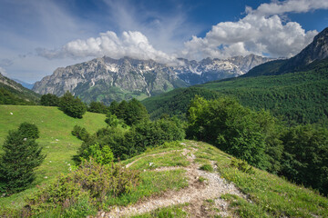 Fototapeta na wymiar picturesque hiking path in the albanian alps down in the valbona valley, postcard like scenery