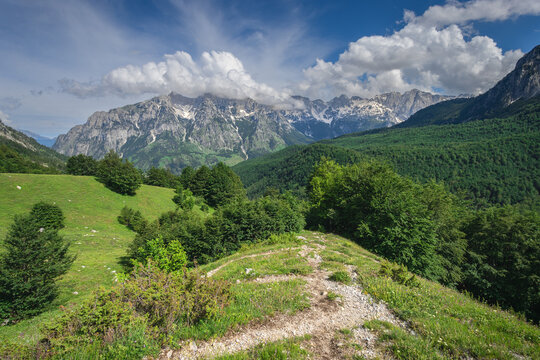 picturesque hiking path in the albanian alps down in the valbona valley, postcard like scenery