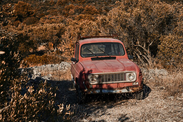 Fototapeta na wymiar An abandoned old car stands in the middle of a Croatian island.