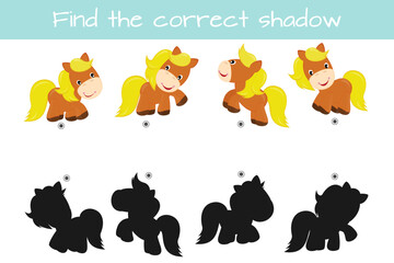 Find correct shadow. Kids educational logic game. Cute funny horse. Vector illustration isolated on white background.